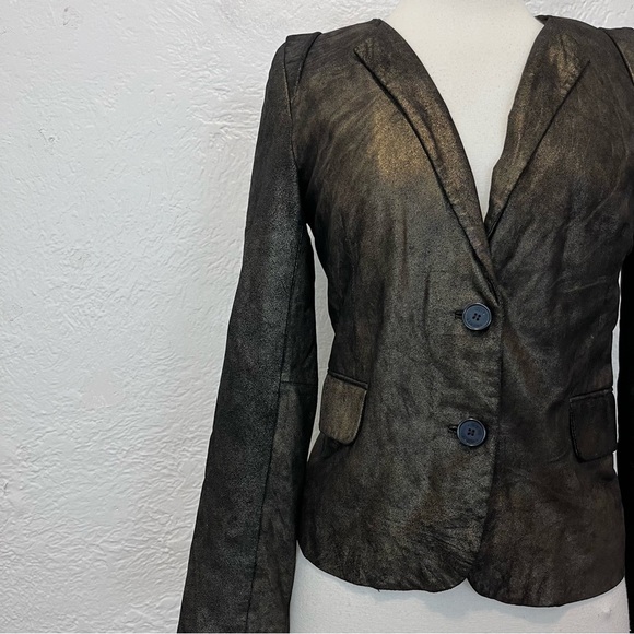 Sandro Paris Small 1 Blazer Jacket 100% Genuine Leather Black Gold S - Picture 2 of 14